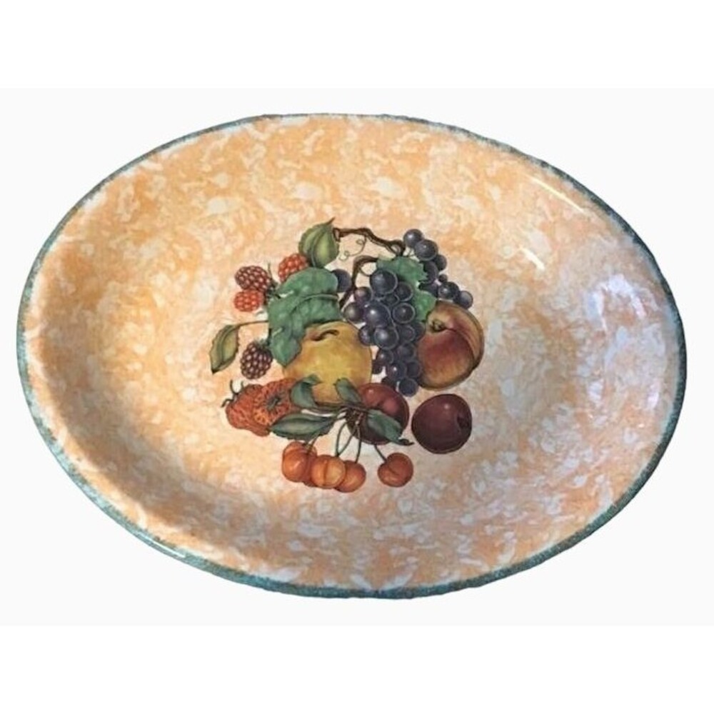 Stovit Italy Ceramic XL Bowl Orange Fruit Green 20 x 15 x 3 Oval Hand Painted